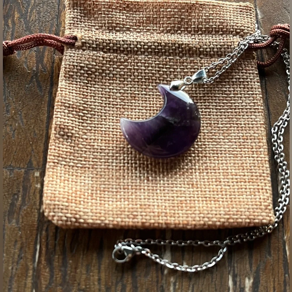 Amethyst Necklace Amethyst Pendant Stainlees Steel Chain Celestial Necklace - Picture 4 of 4